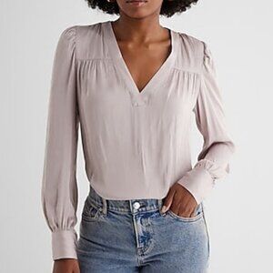 Satin V-Neck Cuff Sleeve Top - Express